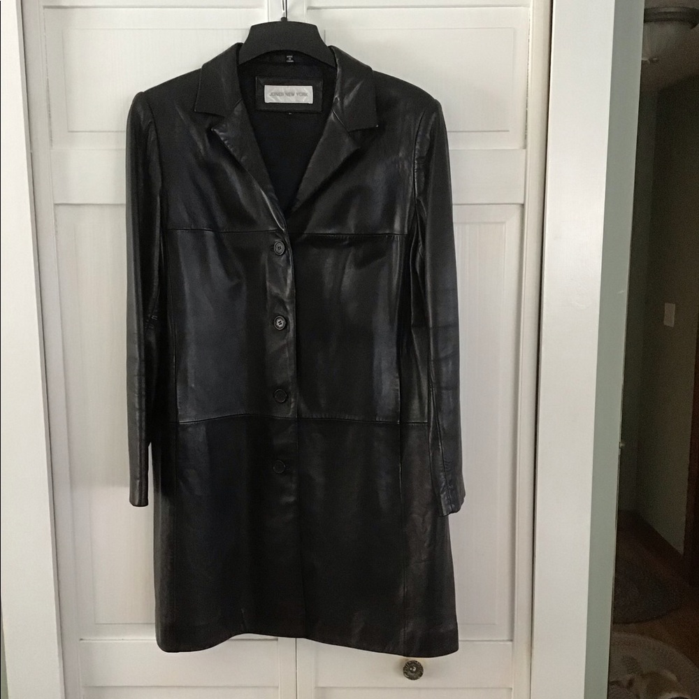 Womens black leather coat, large